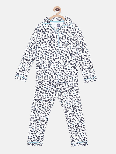 

YK Girls White & Black Printed Pure Cotton Night suit