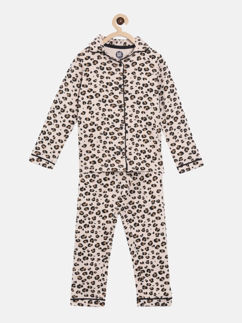 

YK Girls Cream-Coloured & Black Printed Night suit