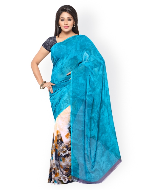 

Ligalz Turquoise Blue & White Georgette Printed Saree