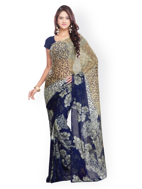 

Ligalz Navy & Beige Semi-Chiffon Floral Print Saree, Navy blue