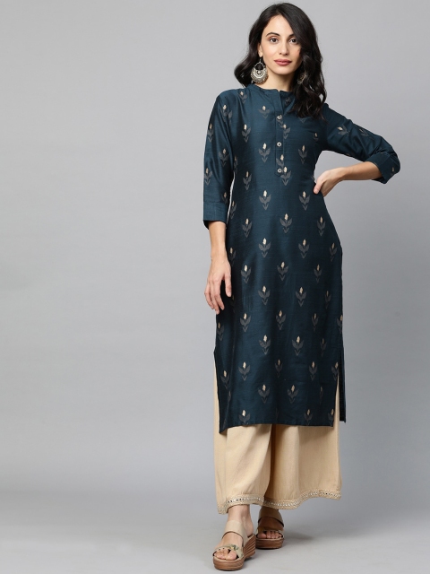 

FASHOR Women Navy Blue Printed Raw Silk Raw Silk Kurta