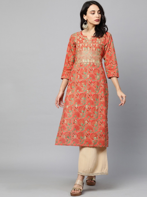 

FASHOR Women Orange Floral Printed Flared Sleeves Thread Work Kurta