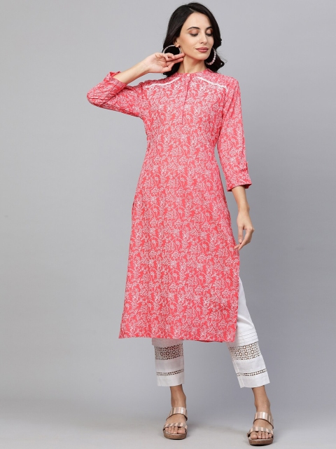 

FASHOR Women Peach-Coloured Quirky Printed Keyhole Neck Kurta