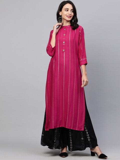 

FASHOR Women Pink Striped Flared Sleeves Thread Work Kurta