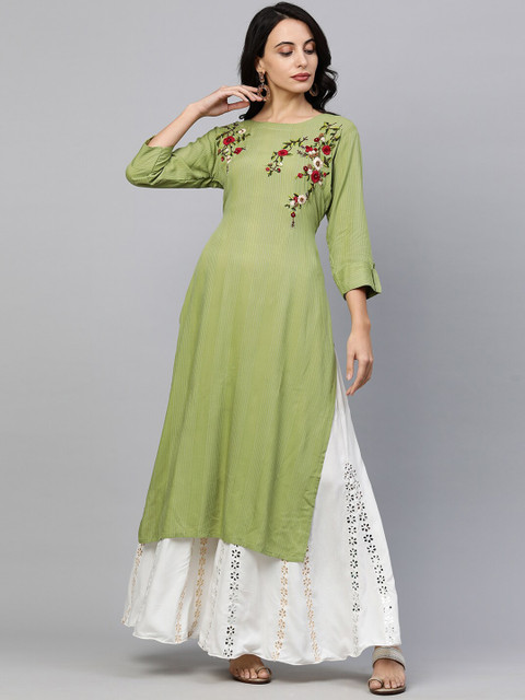 

FASHOR Women Green Floral Embroidered Straight Kurta