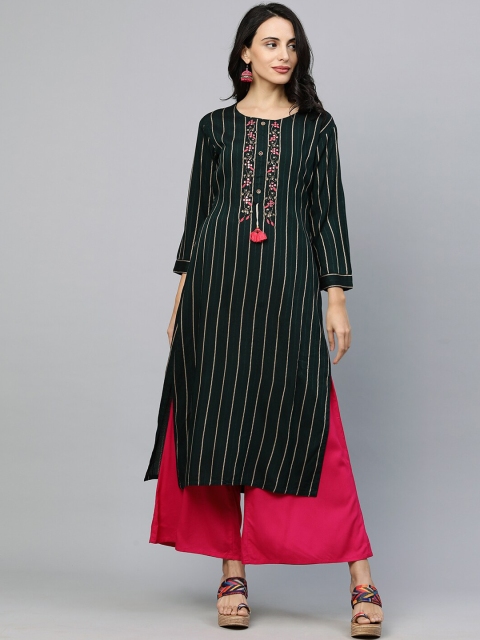 

FASHOR Women Green & Pink Striped Kurta