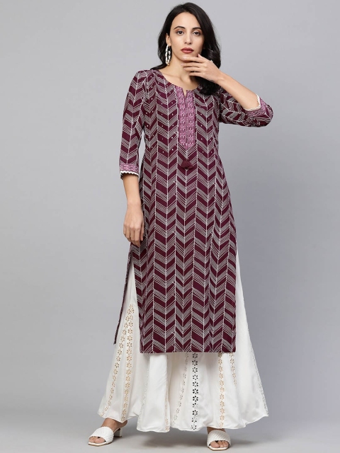 

FASHOR Women Burgundy Geometric Embroidered Straight Kurta