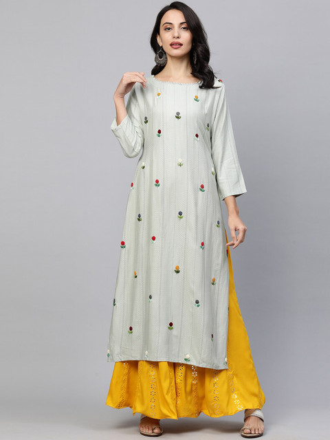 

FASHOR Women Green & Yellow Floral Embroidered Straight Kurta
