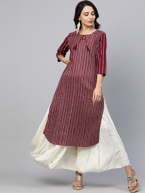 

FASHOR Women Maroon Striped Cotton Straight Kurta