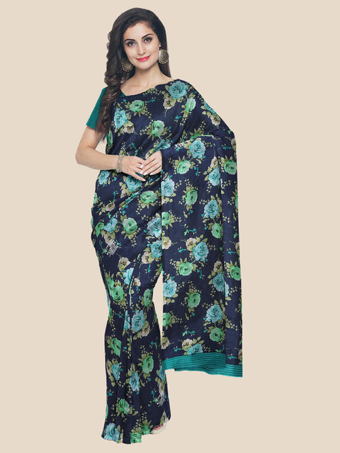 

KLM Fashion Mall Navy Blue & Green Floral Saree