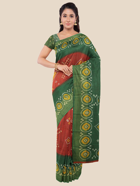 

KLM Fashion Mall Red & Green Bandhani Zari Silk Blend Saree