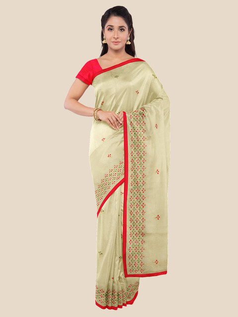 

KLM Fashion Mall Beige & Red Floral Embroidered Saree