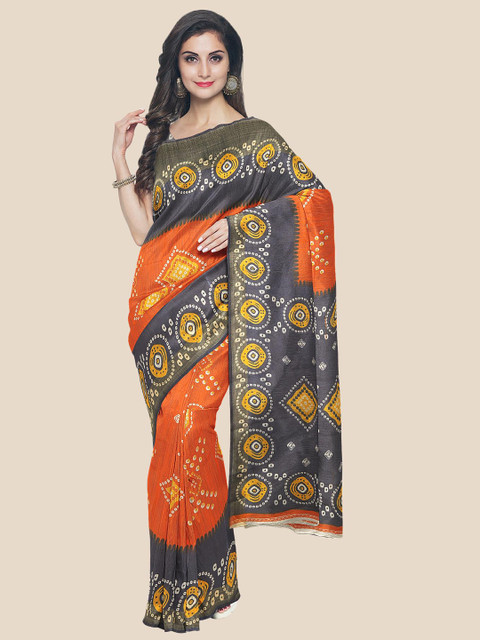 

KLM Fashion Mall Orange & Black Bandhani Silk Blend Saree