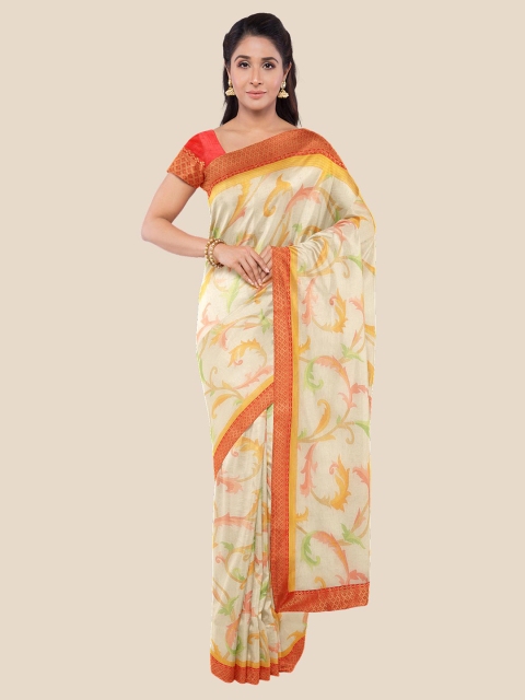 

KLM Fashion Mall Cream-Coloured & Orange Floral Zari Brasso Saree