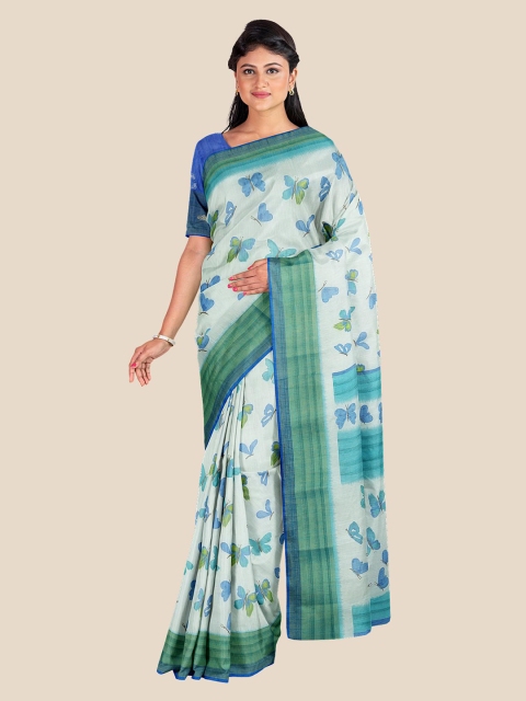 

KLM Fashion Mall White & Blue Floral Silk Blend Saree