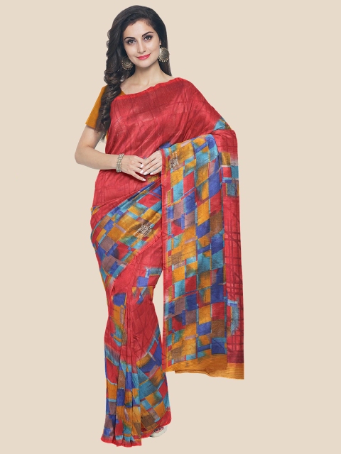 

KLM Fashion Mall Red & Blue Geometric Printed Poly Georgette Saree