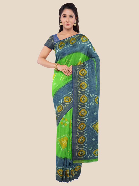 

KLM Fashion Mall Green & Blue Bandhani Silk Blend Saree