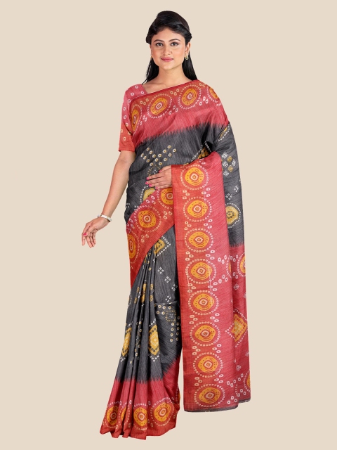 

KLM Fashion Mall Charcoal Grey & Red Bandhani Silk Blend Saree