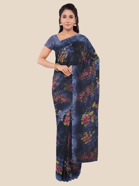 

KLM Fashion Mall Navy Blue & Pink Floral Printed Saree