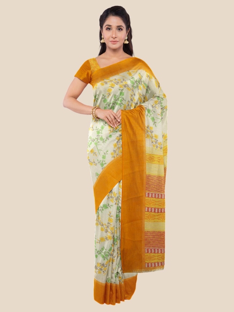 

KLM Fashion Mall Cream-Coloured & Mustard Floral Silk Blend Saree