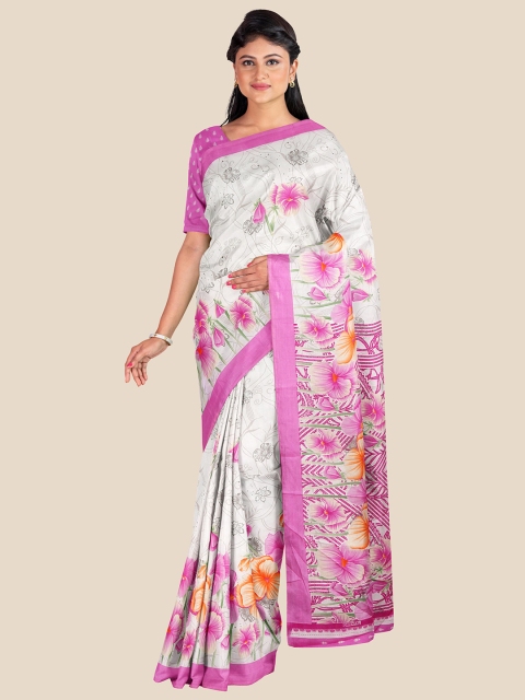 

KLM Fashion Mall White & Pink Floral Printed Silk Blend Saree