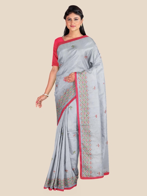 

KLM Fashion Mall Grey & Red Floral Embroidered Poly Georgette Saree