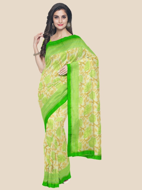 

KLM Fashion Mall Cream-Coloured & Green Floral Brasso Saree