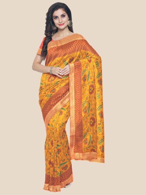 

KLM Fashion Mall Orange & Red Floral Printed Zari Brasso Saree