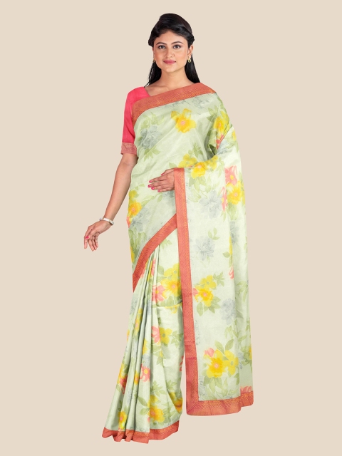 

KLM Fashion Mall Cream-Coloured & Green Floral Printed Brasso Saree
