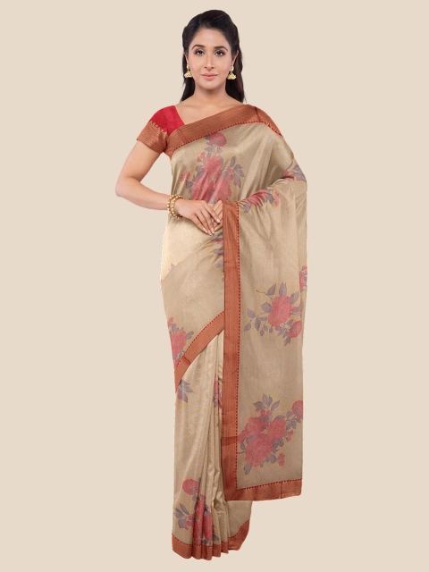 

KLM Fashion Mall Beige & Red Floral Brasso Saree