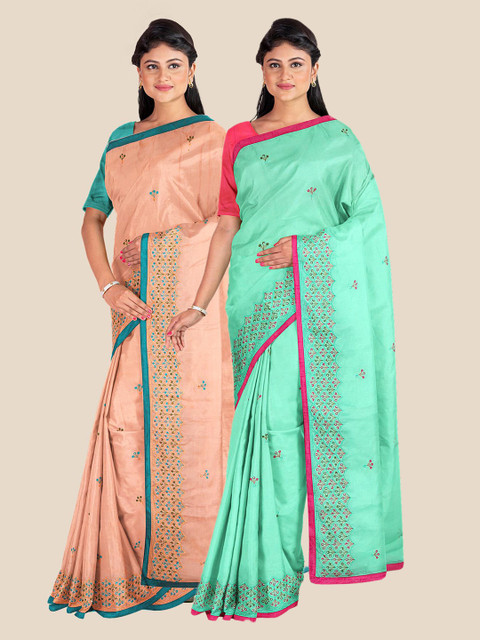 

KLM Fashion Mall Pack Of 2 Sea Green & Peach-Coloured Floral Embroidered Saree
