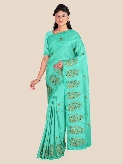 

KLM Fashion Mall Sea Green & Orange Floral Printed Saree