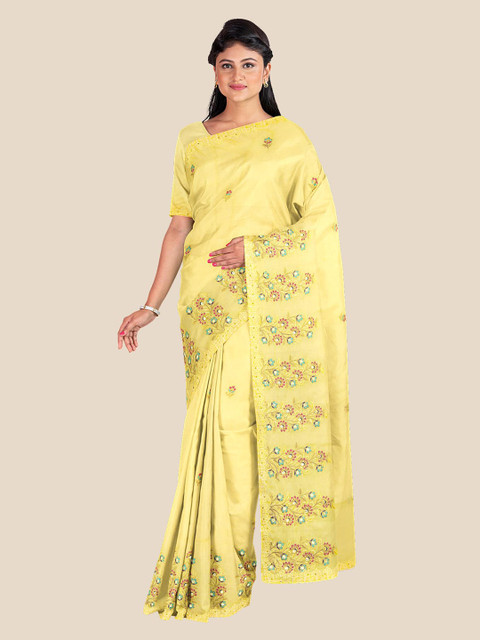 

KLM Fashion Mall Yellow & Green Floral Embroidered Saree