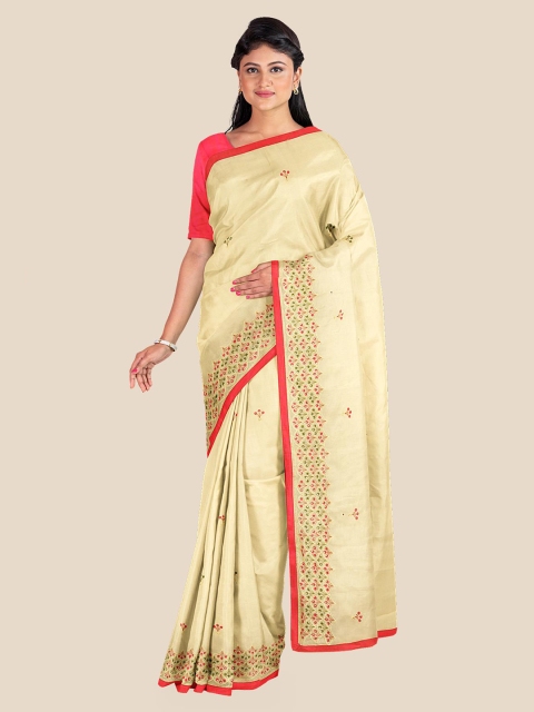 

KLM Fashion Mall Cream-Coloured & Red Floral Embroidered Saree