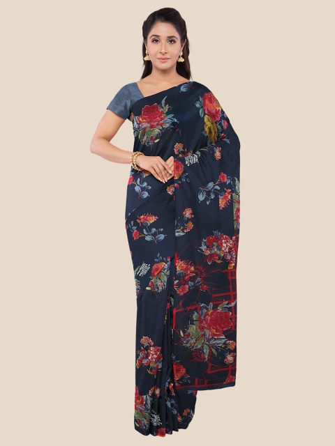 

KLM Fashion Mall Navy Blue Floral Printed Poly Georgette Saree