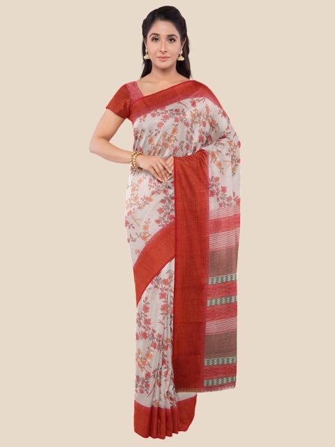

KLM Fashion Mall White & Red Floral Printed Silk Blend Saree