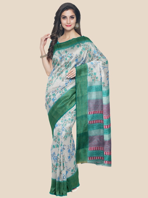 

KLM Fashion Mall White & Green Floral Silk Blend Saree
