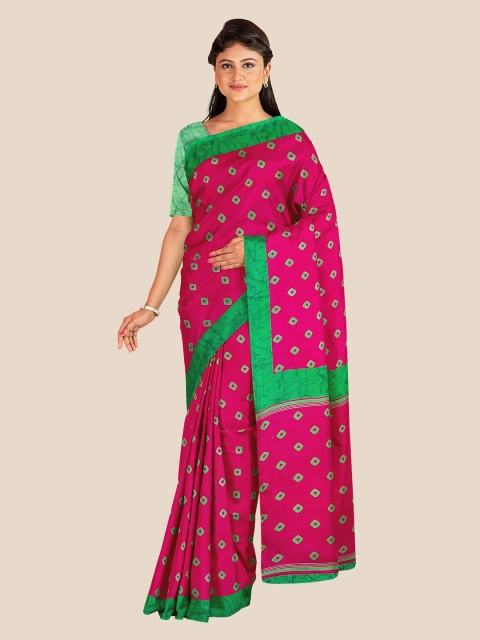 

KLM Fashion Mall Pink & Green Bandhani Printed Poly Georgette Saree