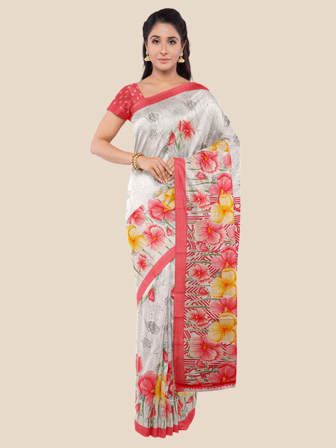 

KLM Fashion Mall White & Red Floral Printed Silk Blend Saree