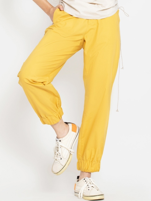 SHAYE Women Yellow Solid Pure Cotton Joggers