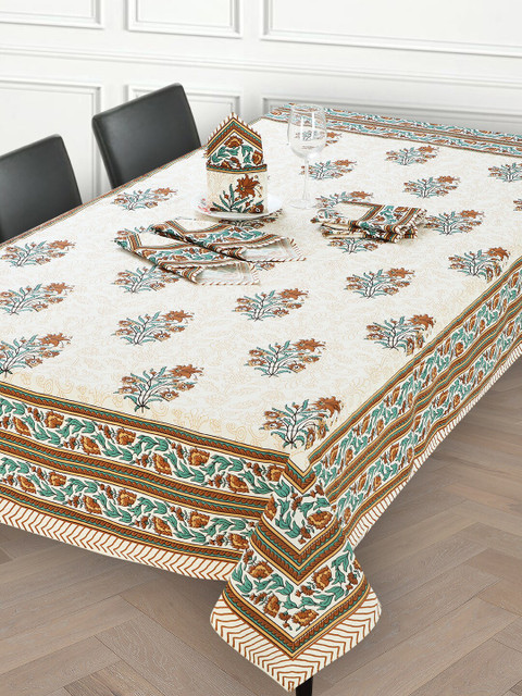 

Salona Bichona Set Of 7 White & Brown Floral Printed Pure Cotton 120 TC Table Linen Set