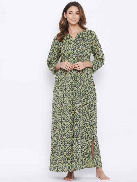 

The Kaftan Company Green Printed Maxi Pure Cotton Nightdress