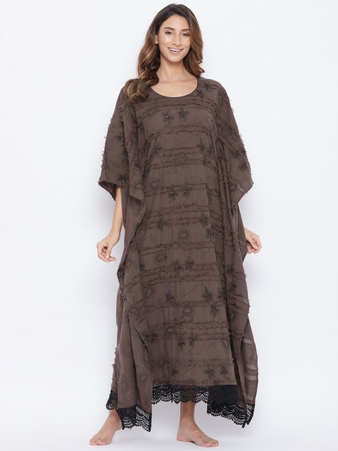 

The Kaftan Company Brown Embroidered Maternity Pure Cotton Kaftan Maxi Nightdress