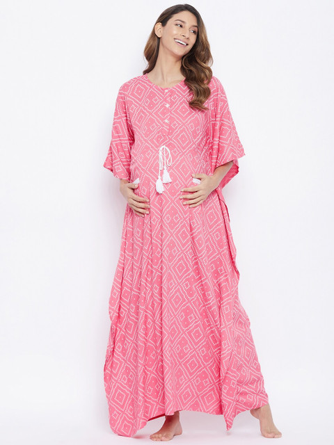 

The Kaftan Company Pink & White Bandhani Printed Maxi Maternity Nightdress