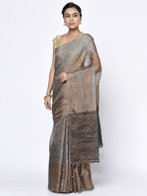 

Fabindia Grey & Brown Striped Pure Silk Saree