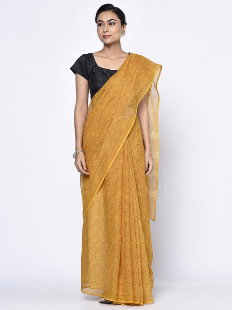 

Fabindia Yellow & Brown Ethnic Motifs Block Print Saree