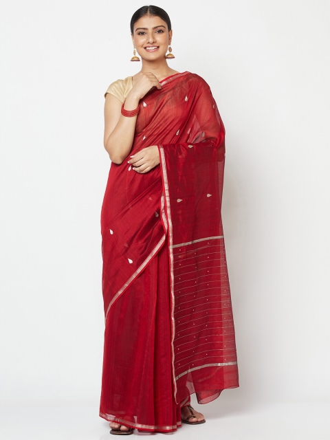 

Fabindia Red & Gold-Coloured Ethnic Motifs Zari Chanderi Saree