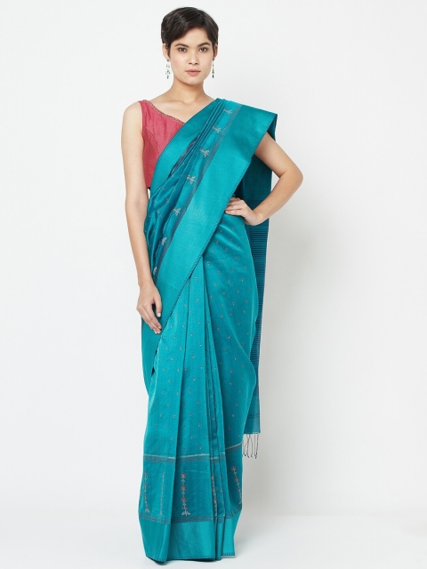

Fabindia Turquoise Blue Floral Embroidered Silk Cotton Block Print Saree