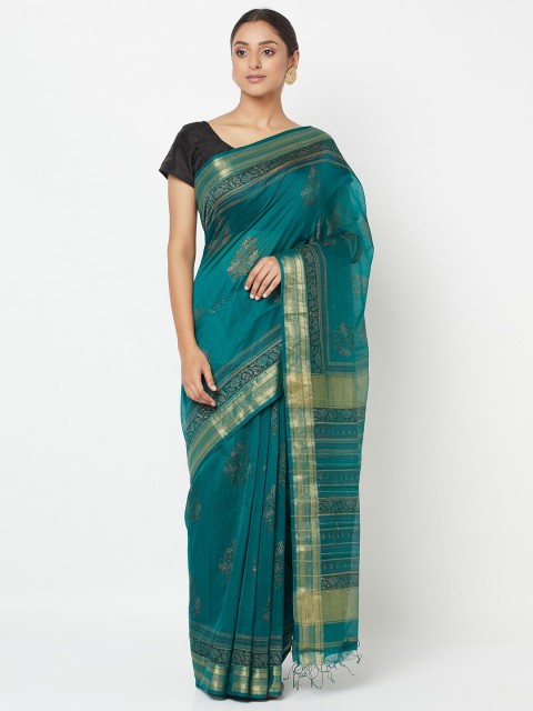 

Fabindia Green Ethnic Motifs Printed Maheshwari Saree