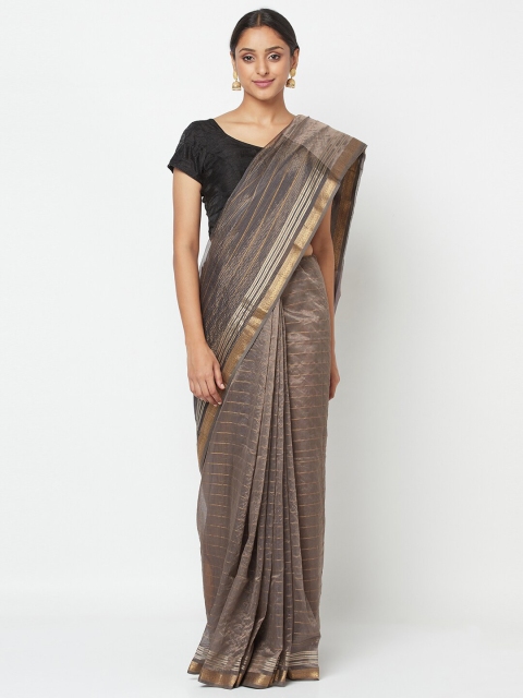 

Fabindia Taupe & Gold-Coloured Striped Zari Maheshwari Saree